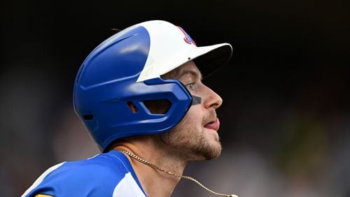 Atlanta Braves outfielder Jarred Kelenic (24) follows his fly ball during the eighth inning at Truist Park on Saturday, June 29, 2024 in Atlanta. (Hyosub Shin / AJC)