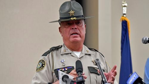 Laurel County sheriff John Root gives an update at the London Community Center in London, Ky., Sunday, Sept. 8, 2024, on the efforts to find the suspect in the Saturday shooting at Interstate 75 near Livingston, Ky. (AP Photo/Timothy D. Easley)