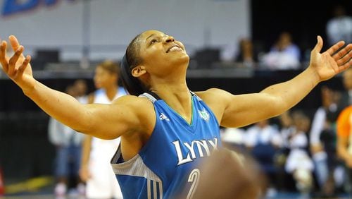 Maya Moore reacts in the final seconds as the Lynx defeat the Dream 86-77 to win the WNBA Championship on Thursday, Oct. 10, 2013, in Duluth. Moore was named MVP and led all scorers in the game.