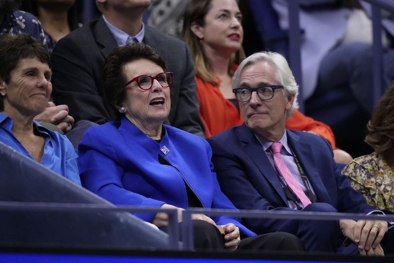 Billie Jean King arrives watches the women's singles final of the U.S. Open tennis championships between Aryna Sabalenka, of Belarus, and Jessica Pegula, of the United States, Saturday, Sept. 7, 2024, in New York. (AP Photo/Frank Franklin II)