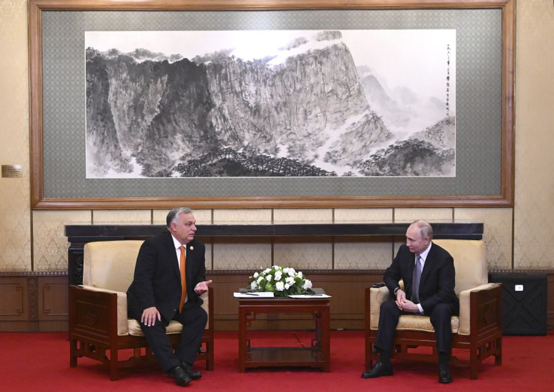 FILE - Russian President Vladimir Putin, right, listens to Hungarian Prime Minister Viktor Orban during their talks on the sidelines of the Belt and Road Forum in Beijing, China, on Tuesday, Oct. 17, 2023. (Grigory Sysoyev, Sputnik, Kremlin Pool Photo via AP, File)