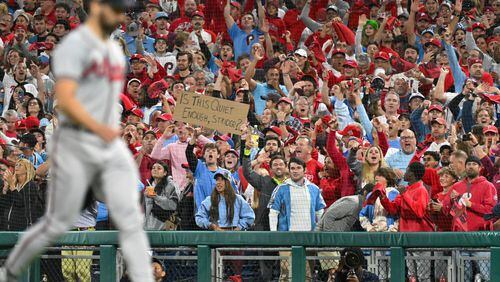 Phillies fans share a message for Braves pitcher Spencer Strider as he exits the game during the sixth inning of NLDS Game 4 Thursday, Oct. 12, 2023. (Hyosub Shin / Hyosub.Shin@ajc.com)