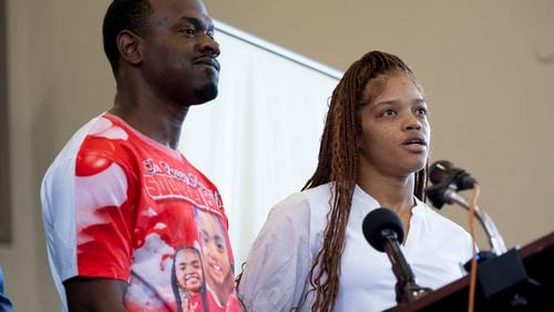 Secoriea Turner’s parents, Secoriey Williamson and Charmaine Turner, speak at a news conference Friday to announce Secoriea's Social Justice Scholarship.