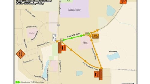 Eastbound motorists on Mayfield Road will have to take a detour in the Crabapple area of Milton, from 9 a.m. to 4 p.m. weekdays through early March, as crews install new sidewalks. CITY OF MILTON