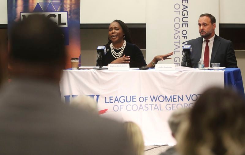 District Attorney Shalena Cook Jones, center left, participates in the League of Women Voters of Coastal Georgia candidate forum with Republican challenger Andre Pretorius, right, on Monday, Sept. 16, 2024, at the Coastal Georgia Center in Savannah, Ga. (Richard Burkhart/Savannah Morning News via AP)