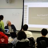 Georgia Tech professor Mark Leibert (center) interacts with computer science student Ramya Iyer (green) during an Art and Artificial Intelligence class on Tuesday, Jan. 31, 2023. (Miguel Martinez / AJC)