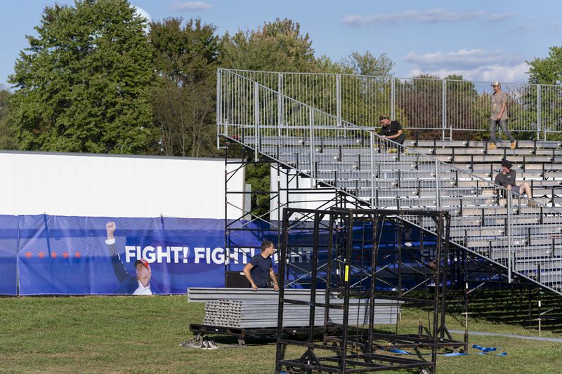 Bleachers are set up ahead of a campaign rally for Republican presidential nominee former President Donald Trump at the Butler Farm Show, Friday, Oct. 4, 2024, in Butler, Pa. (AP Photo/Alex Brandon)