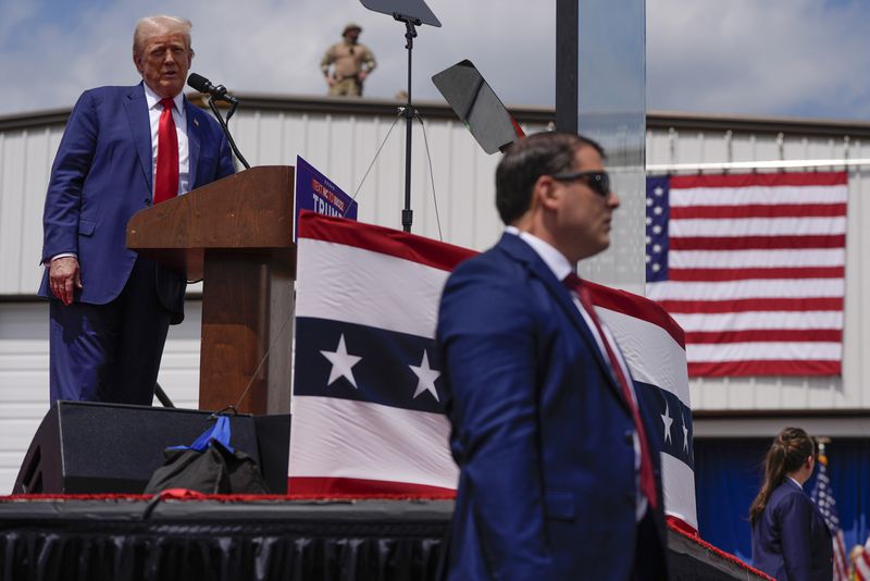 Republican presidential nominee former President Donald Trump speaks during a campaign rally at North Carolina Aviation Museum, Wednesday, Aug. 21, 2024, in Asheboro, N.C. (AP Photo/Julia Nikhinson)