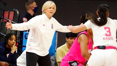 Georgia Tech head coach Nell Fortner watches from the sidelines during the first half of an NCAA college basketball game against North Carolina State, Monday, Feb. 7, 2022, in Raleigh, N.C. (AP Photo/Karl B. DeBlaker)