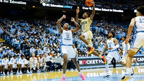 Georgia Tech guard Deivon Smith scored a season-high 16 points in the Yellow Jackets' 88-65 loss to North Carolina January 15, 2022 in Chapel Hill, N.C. (Jaylynn Nash)