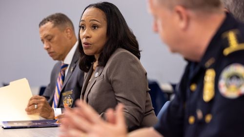 Fulton County District Attorney Fani Willis speaks during a press interview at the district attorney’s office in Atlanta on Friday, July 12, 2024. (Arvin Temkar / AJC)