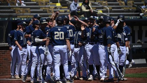 The Georgia Tech baseball team gathers together at Mac Nease Baseball Park on April 25, 2021, when the Yellow Jackets defeated Florida State 9-8. (Danny Karnik/Georgia Tech Athletics)