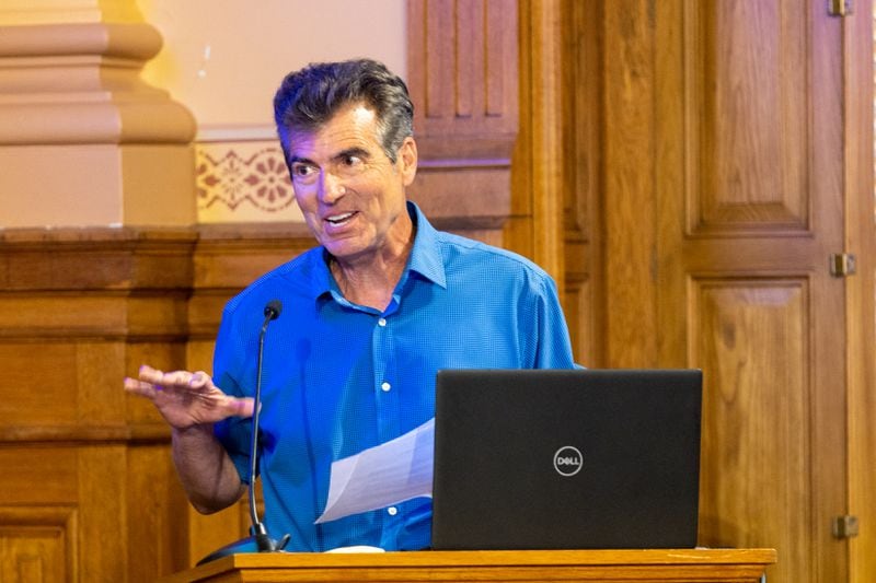 Joe Rossi, a Houston County resident who filed a complaint against the Fulton County vote count, speaks during public comment at a State Election Board meeting at the Capitol in Atlanta on Tuesday, May 7, 2024. (Arvin Temkar / AJC)