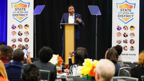 DeKalb County Superintendent Devon Horton discusses academics, operations and more during the State of the District address at Courtyard by Marriott hotel in downtown Decatur on Thursday, March 14, 2024. (Miguel Martinez /miguel.martinezjimenez@ajc.com)
