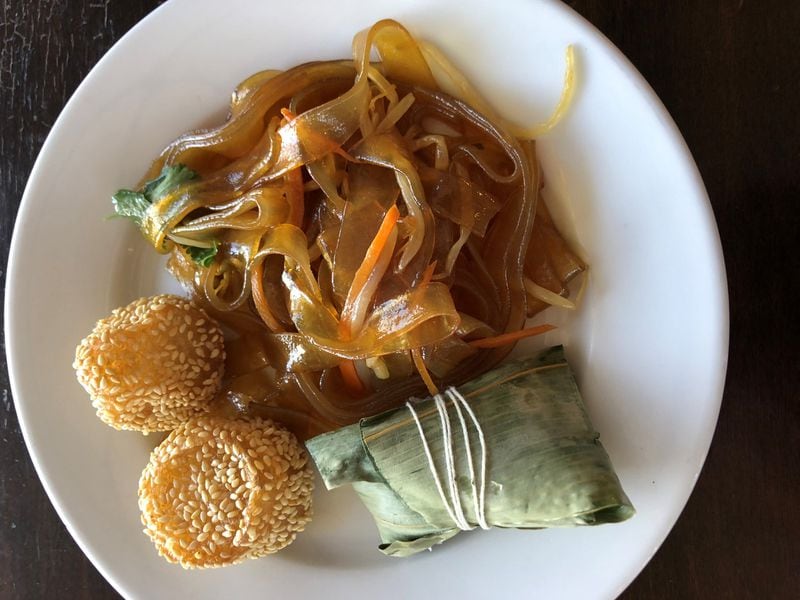 Some of the dishes you’ll find at La Mei Zi’s terrific weekend brunch: cold sweet-potato noodles, sticky rice wrapped in lotus leaves and sesame balls filled with red bean paste. CONTRIBUTED BY WENDELL BROCK
