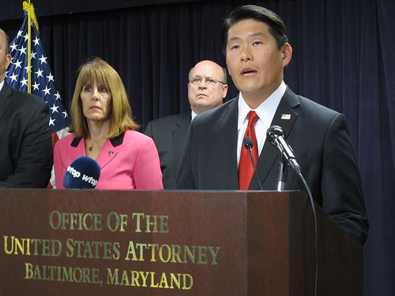 Maryland U.S. Attorney Robert Hur announces an 11-count indictment against former Baltimore Mayor Catherine Pugh at a news conference Wednesday in Baltimore.