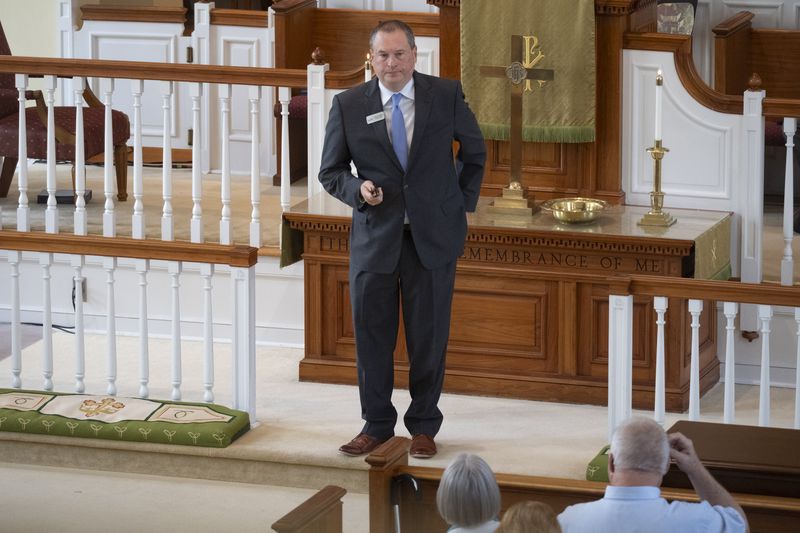 The Rev. Dr. Chris Strickland delivers the sermon  at Winder First United Methodist Church in Winder on Sunday, Sept. 8, 2024, the first Sunday following the shootings at Apalachee High School. Ben Gray for the Atlanta Journal-Constitution