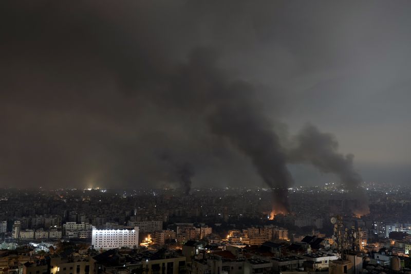 Flames and smoke rise from an Israeli airstrike in Dahiyeh, Beirut, Lebanon, early Monday, Oct. 7, 2024. (AP Photo/Bilal Hussein)