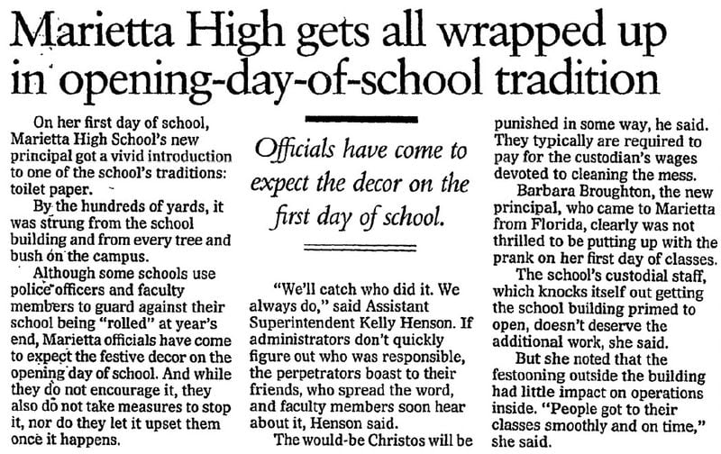 The tradition of rolling the school with toilet paper dates back to the 1960s, though it's changed some since then. According to this article published in 1995 in The Atlanta Journal-Constitution (which then existed as two newspapers), students who participated in the prank faced punishment. Today, it's a school-sanctioned event, and seniors clean up after themselves a couple of days later. (File photo)