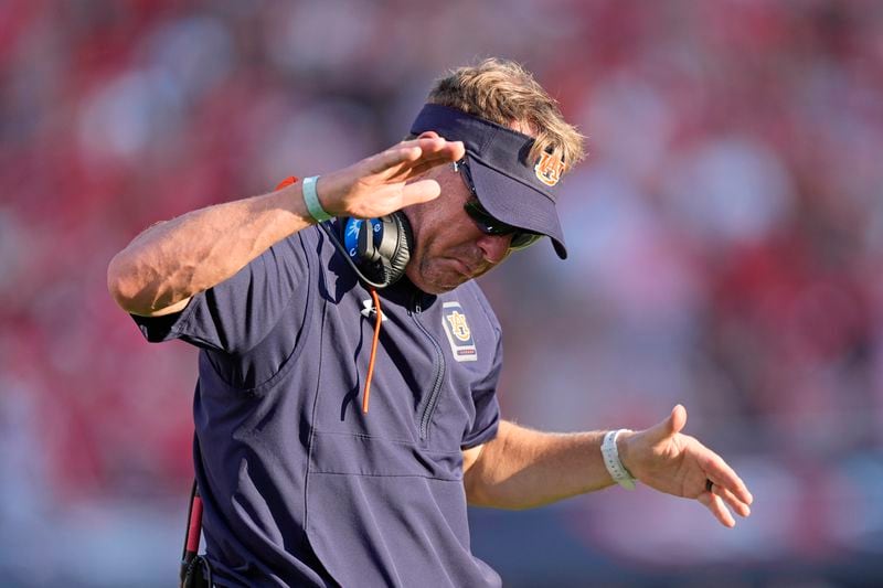 Auburn head coach Hugh Freeze reacts after an Auburn penalty in the second half of an NCAA college football game against Georgia Saturday, Oct. 5, 2024, in Athens, Ga. (AP Photo/John Bazemore)