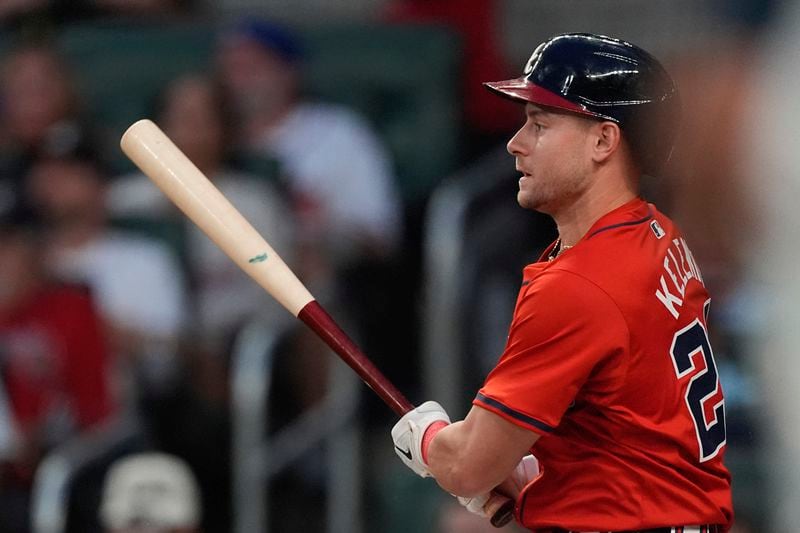 Atlanta Braves' Jarred Kelenic drives in a run with a base hit in the second inning of a baseball game against the Toronto Blue Jays Friday, Sept. 6, 2024, in Atlanta. (AP Photo/John Bazemore)