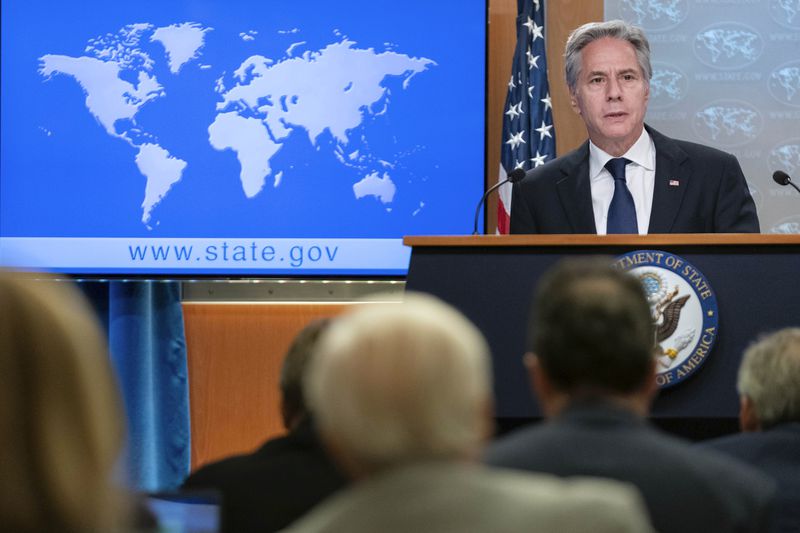 Secretary of State Antony Blinken speaks during a news conference about Russia's election interference at the Department of State in Washington, Friday, Sept. 13, 2024. (AP Photo/Jose Luis Magana)