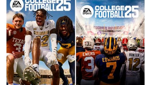 This combo of images provided by EA Sports, shows the video game covers for the new standard edition College Football 25, left, and Deluxe Edition College Football 25, featuring Texas' Quinn Ewers, Colorado's Travis Hunter, and Michigan's Donovan Edwards. EA Sports College Football 25, among the most highly anticipated sports video games of all time, has flooded the market as gamers who waited more than a decade for the franchise's next installment rush to play it. (EA Sports via AP, File)