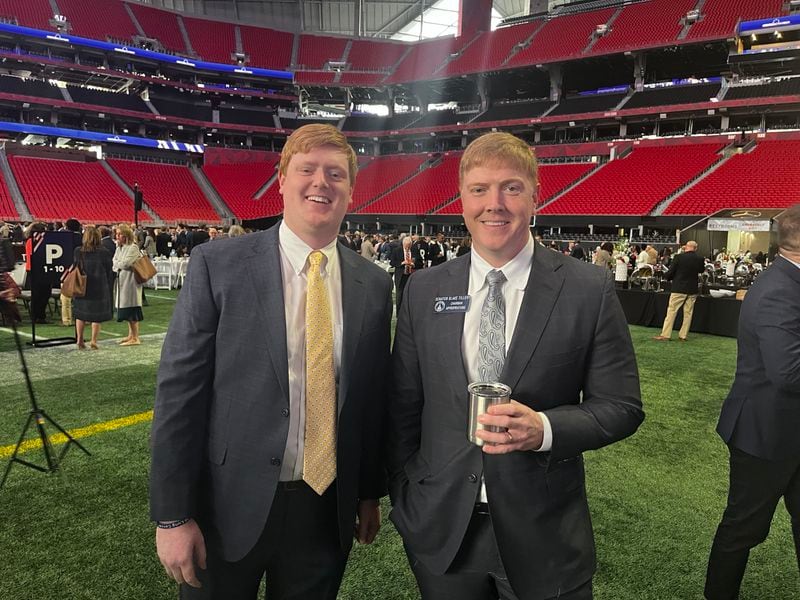 Jantz Womack, (left), an aide to Lt. Gov. Burt Jones, is often confused for  state Sen. Blake Tillery, R-Vidalia. (Greg Bluestein/greg.bluestein@ajc.com)