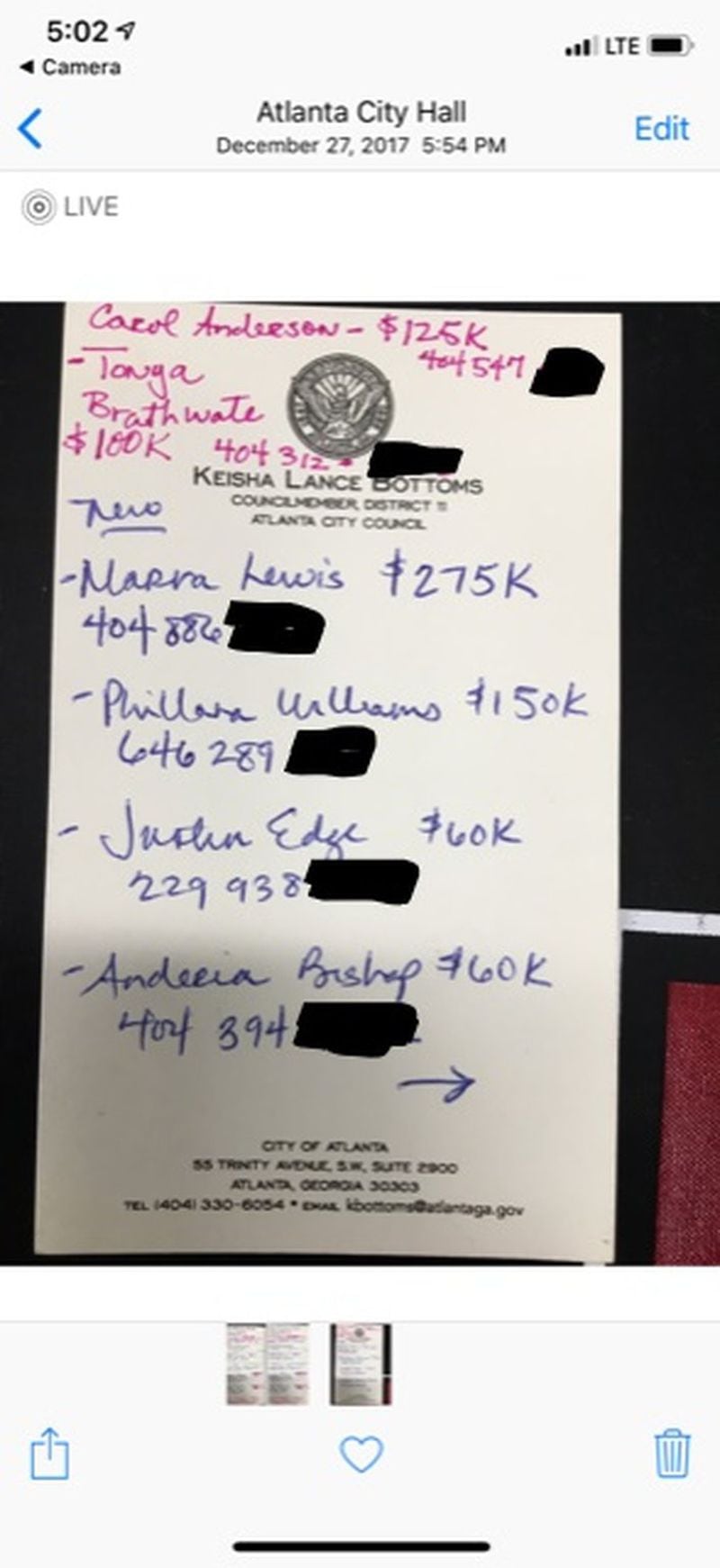 This note from December 2017 on Keisha Lance Bottoms’ City Council stationary shows a list of her key mayoral campaign workers with salary targets and phone numbers next to their names, according to former Atlanta Human Resources Commissioner Yvonne Yancy. Yancy said Bottoms asked her to get six campaign workers on the city payroll for transition work they did in December, but Yancy told her they couldn’t be put on the payroll until Bottoms took office in January. A Bottoms spokesperson disputes Yancy’s account. (The AJC redacted the phone numbers.) Source: Yvonne Yancy.