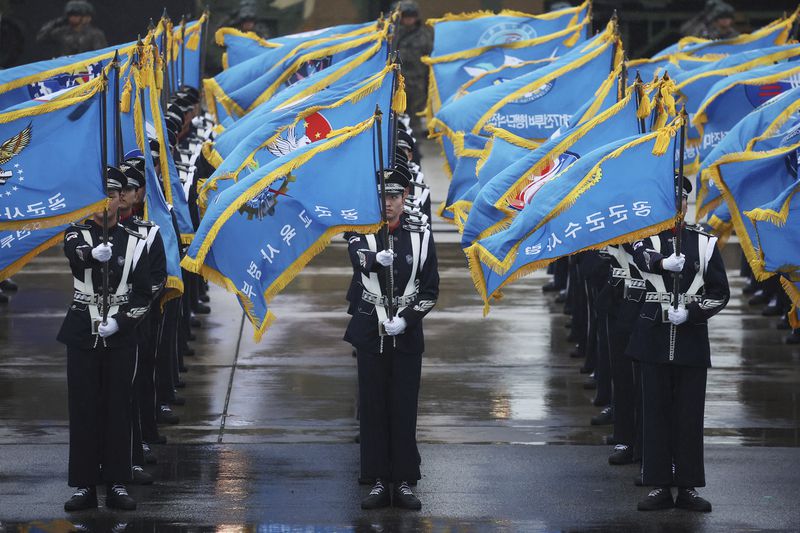 Members of South Korean Air Force's honor guards attend a celebration to mark 76th anniversary of Korea Armed Forces Day, in Seongnam, South Korea, Tuesday, Oct.1, 2024. (Kim Hong-Ji/Pool Photo via AP)