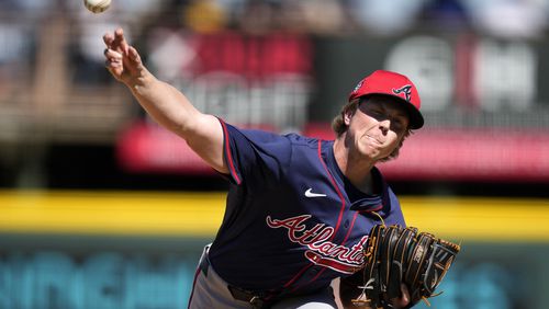 Atlanta Braves pitcher Owen Murphy throws during the third inning of a spring training baseball game against the Pittsburgh Pirates Tuesday, Feb. 27, 2024, in Bradenton, Fla. (AP Photo/Charlie Neibergall)