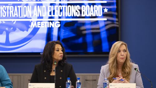 Fulton County Registration and Elections Board member Julie Adams, right, is one of at least 19 local election board members in Georgia to vote against certifying an election since 2020.   (Ben Gray / Ben@BenGray.com)