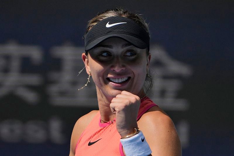 Paula Badosa of Spain celebrates after defeating Jessica Pegula of the United States in a women's singles match for the China Open tennis tournament held at the National Tennis Center in Beijing, Tuesday, Oct. 1, 2024. (AP Photo/Ng Han Guan)