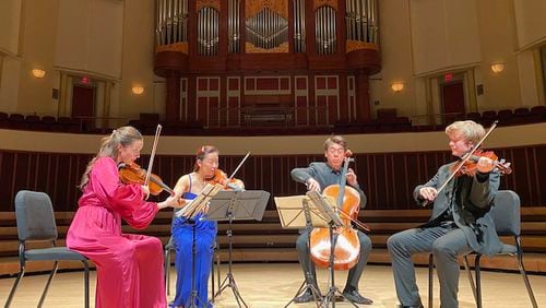 Violinists Emily Daggett Smith (from left) and Jessich Shuang Wu, cellist Guang Wang and violist Joseph Skerik at the Schwartz Center on March 30.