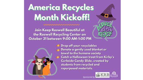 As part of "America Recycles" month in November, Keep Roswell Beautiful and the Roswell Recycling Center invite residents to drop off gently used blankets and towels for the local Humane Society. An America Recycles kickoff is set for 9 a.m. to 1 p.m. Saturday, Oct. 31.