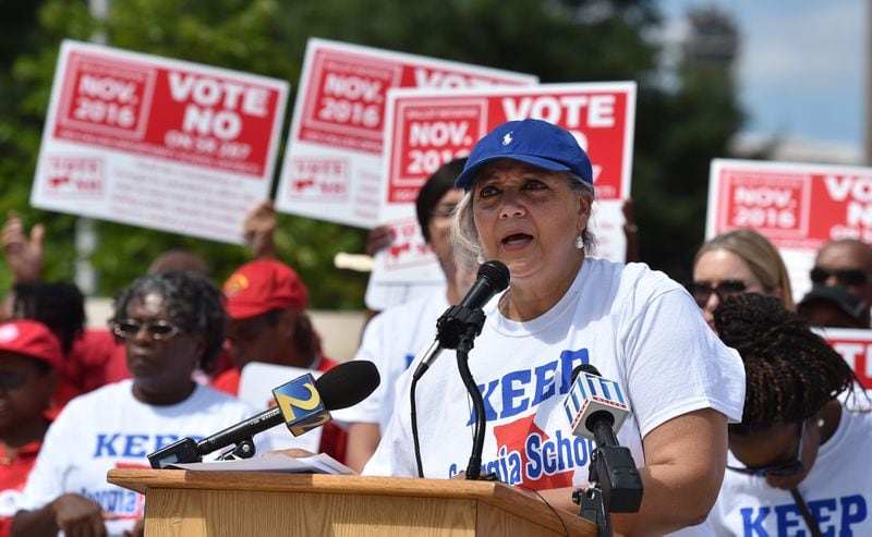 August 22, 2016 Atlanta: Verdaillia Turner, president of the Georgia Federation of Teachers union speaks during a rally against a ballot initiative that would allow the state to take over failing schools. Union members from the Communications Workers of America, the Georgia Federation of Teachers and the American Federation of Teachers joined local politicians outside the state Capitol Tuesday August 22, 2016 to rally against the initiative. BRANT SANDERLIN/BSANDERLIN@AJC.COM