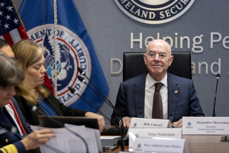 Homeland Security Secretary Alejandro Mayorkas attends a briefing on the 2024 hurricane and wildfire outlook at the headquarters of the Federal Emergency Management Agency (FEMA) on Friday, June 21, 2024, in Washington. (AP Photo/Mark Schiefelbein)