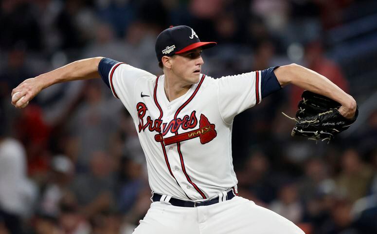 Atlanta Braves starting pitcher Kyle Wright (30) delivers to the Phillies during the first inning of game two of the National League Division Series baseball game at Truist Park in Atlanta on Wednesday, October 12, 2022. Wright pitched six shutout innings.  (Jason Getz / Jason.Getz@ajc.com)