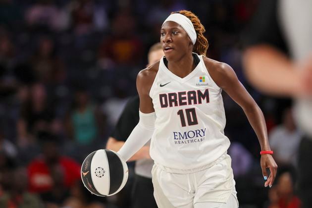 Atlanta Dream guard Rhyne Howard dribbles the ball up the court during the first half against the New York Liberty at the Gateway Center Arena, Thursday, June 6, 2024, in Atlanta. (Jason Getz / AJC)
