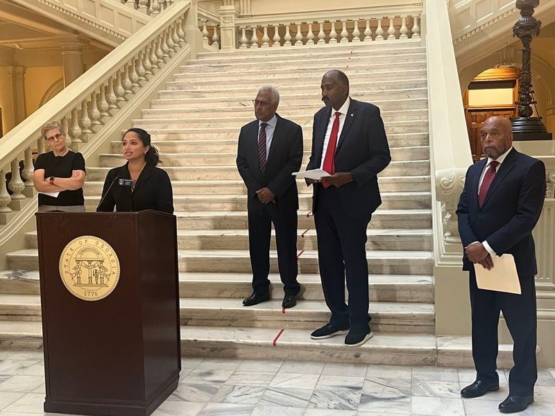 State Sen. Nabilah Islam Parkes speaks at the Georgia Capitol on Wednesday about a lawsuit seeking to force Gov. Brian Kemp to start an ethics hearing into the State Election Board.