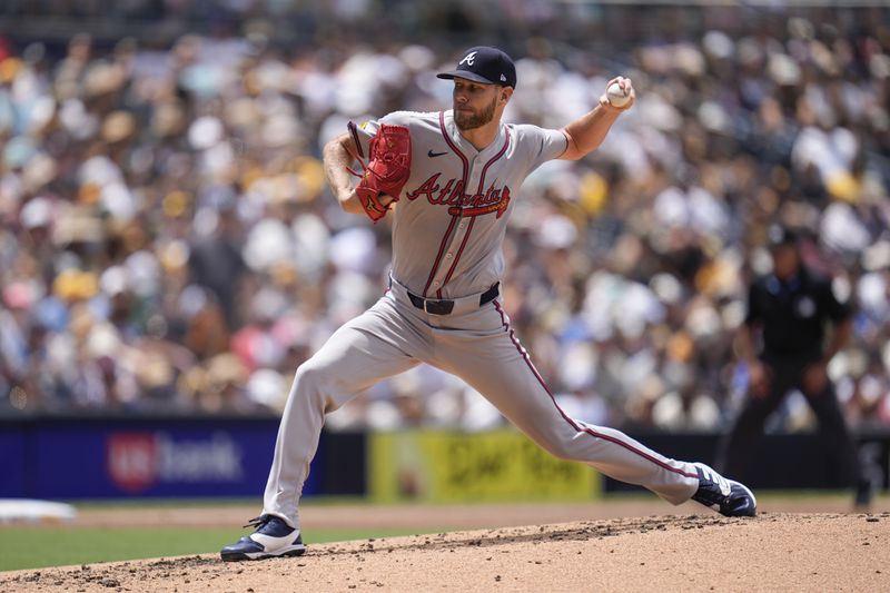 Atlanta Braves starting pitcher Chris Sale works against a San Diego Padres batter during the third inning of a baseball game Sunday, July 14, 2024, in San Diego. (AP Photo/Gregory Bull)