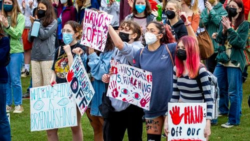 In February, students from metro Atlanta gathered at Liberty Plaza near the Capitol to protest a bill backed by Republican lawmakers that would limit how race can be discussed in classrooms. 
STEVE SCHAEFER FOR THE ATLANTA JOURNAL-CONSTITUTION