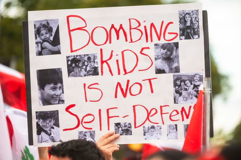 Hundreds gather for a rally in support of Lebanon in light of recent Israeli strikes that killed hundreds, on Wednesday, Sept. 25, 2024 in front of the Henry Ford Centennial Library in Dearborn, Mich. (Katy Kildee/Detroit News via AP)