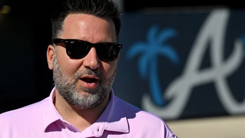 Atlanta Braves general manager Alex Anthopoulos speaks to members of the press during spring training baseball workouts at CoolToday Park, Thursday, February, 15, 2024, in North Port, Florida. (Hyosub Shin / Hyosub.Shin@ajc.com)