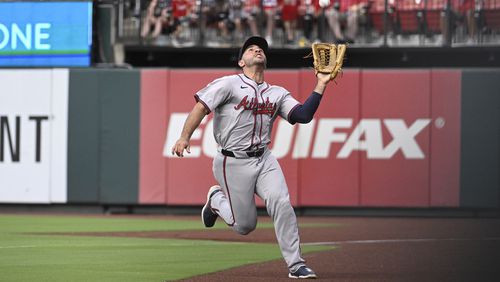 Atlanta Braves right fielder Ramon Laureano catches a foul ball hit by St. Louis Cardinals' Nolan Arenado during the seventh inning in the second game of a baseball doubleheader Wednesday, June 26, 2024, in St. Louis. (AP Photo/Joe Puetz)