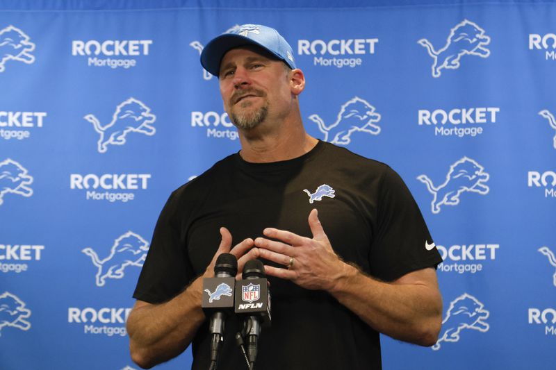 Detroit Lions head coach Dan Campbell speak to the media after an NFL football game against the Los Angeles Rams in Detroit, Monday, Sept. 9, 2024. (AP Photo/Duane Burleson)