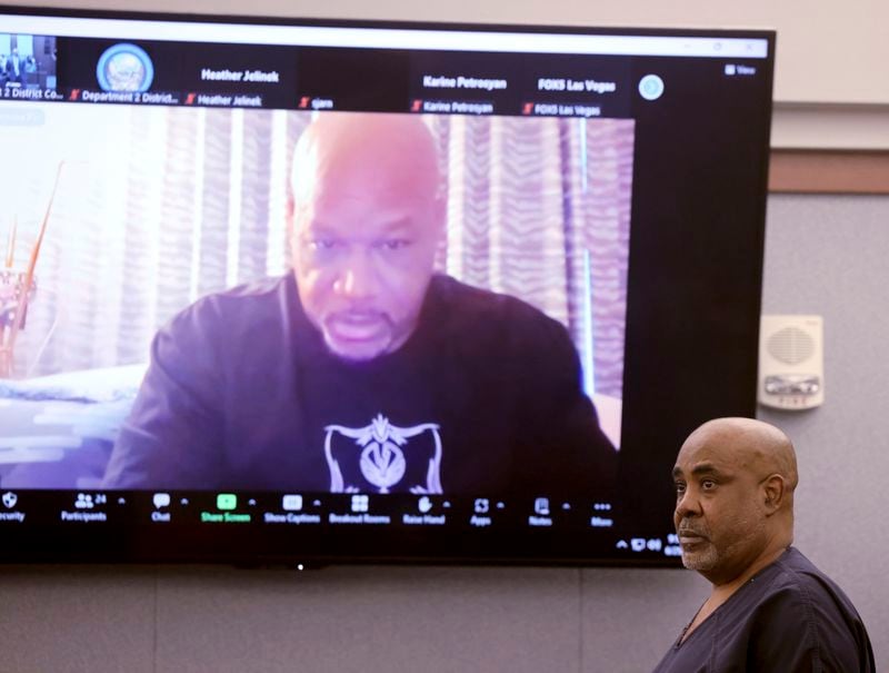 Duane "Keffe D" Davis, who is accused of orchestrating the 1996 slaying of hip-hop icon Tupac Shakur, listens as Cash Jones testifies via video in court at the Regional Justice Center in Las Vegas, Tuesday, June 25, 2024. Jones put up the bail for Davis. (K.M. Cannon/Las Vegas Review-Journal via AP, Pool)