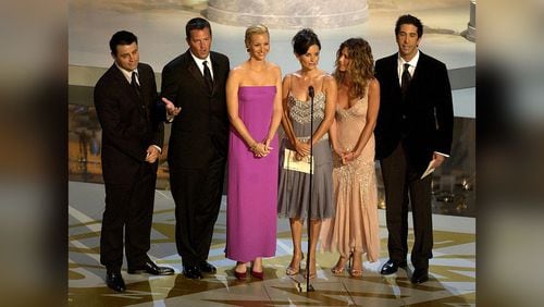 (L to R) Actors Matt LeBlanc, Matthew Perry, Lisa Kudrow, Courteney Cox Arquette, Jennifer Aniston and David Schwimmer present an award during the 54th Annual Primetime Emmy Awards at the Shrine Auditorium on September 22, 2002 in Los Angeles, California.