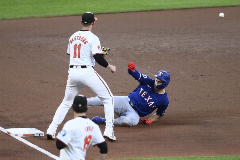 Texas Rangers' Wyatt Langford, right, slides to third base with a triple against Baltimore Orioles third baseman Jordan Westburg (11) and starting pitcher Cole Irvin, bottom, during the fourth inning of a baseball game, Sunday, June 30, 2024, in Baltimore. (AP Photo/Nick Wass)