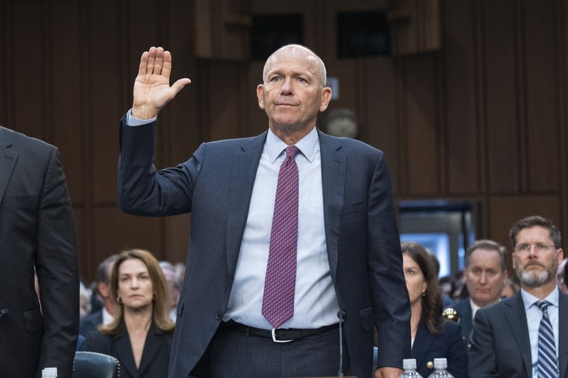 Boeing Company President and CEO Dave Calhoun, is sworn in during the Senate Homeland Security and Governmental Affairs Subcommittee on Investigations hearing on Capitol Hill, Tuesday, June 18, 2024, in Washington. (AP Photo/Manuel Balce Ceneta)